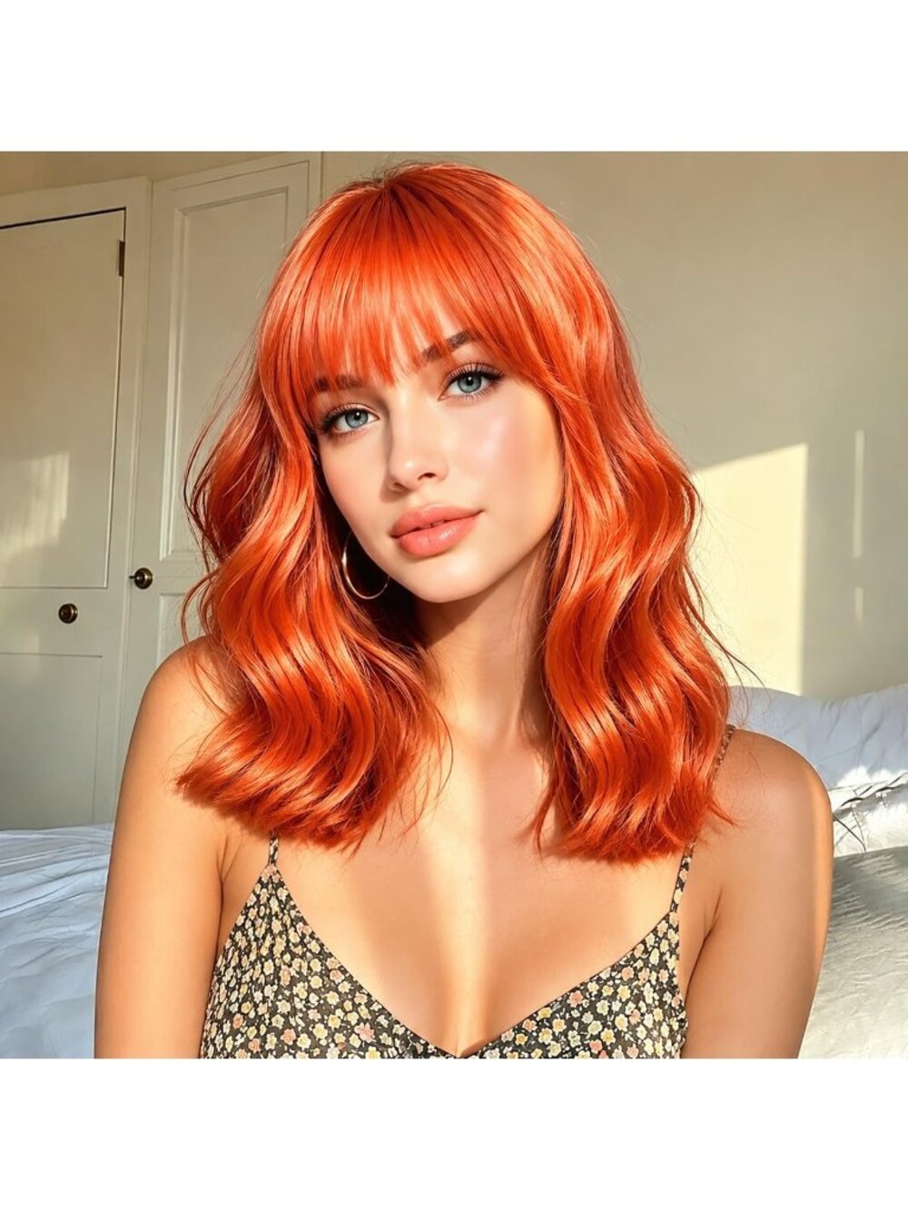 Women's Bright Orange Wavy Synthetic Shoulder Length Sweetie Bob Wig Bangs